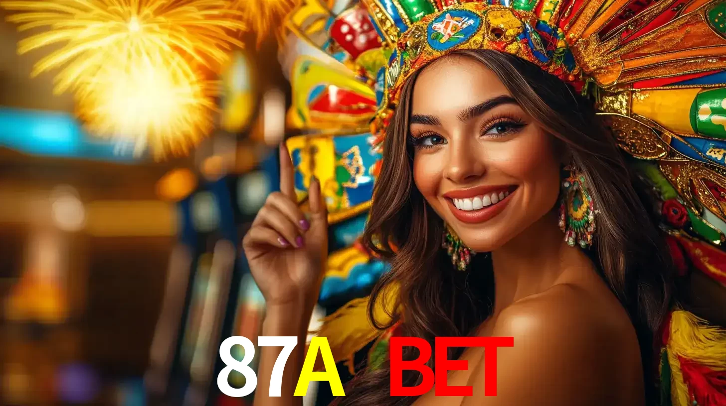 Mulher sorridente com um cocar de carnaval vibrante e colorido, celebrando uma grande vitória nos jogos do cassino 87A BET com fogos de artifício ao fundo.