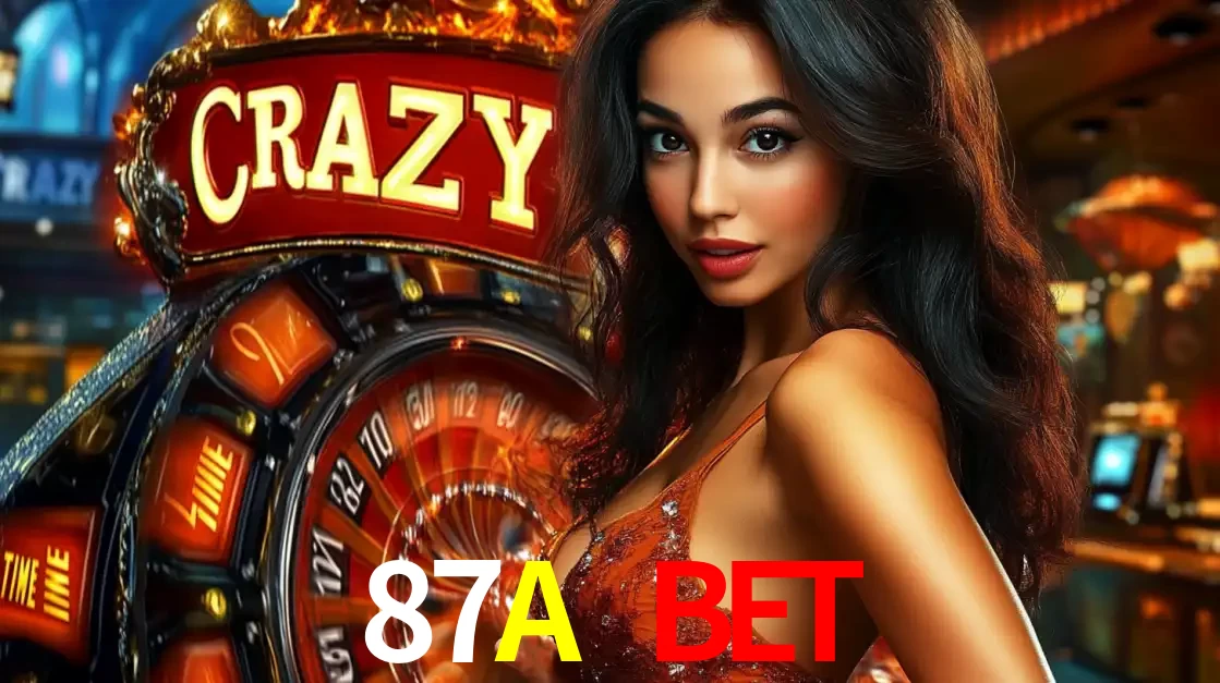 Mulher glamourosa olhando para a câmera com a roda vermelha do Crazy Time ao fundo em um ambiente de cassino, destacando a emoção dos jogos ao vivo no 87A BET.