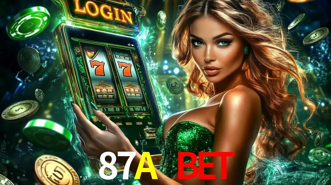 Mulher com tema verde apresentando o aplicativo do cassino 87A BET com um jogo de slot de 777, cercada por fichas de cassino e uma aura de sorte.