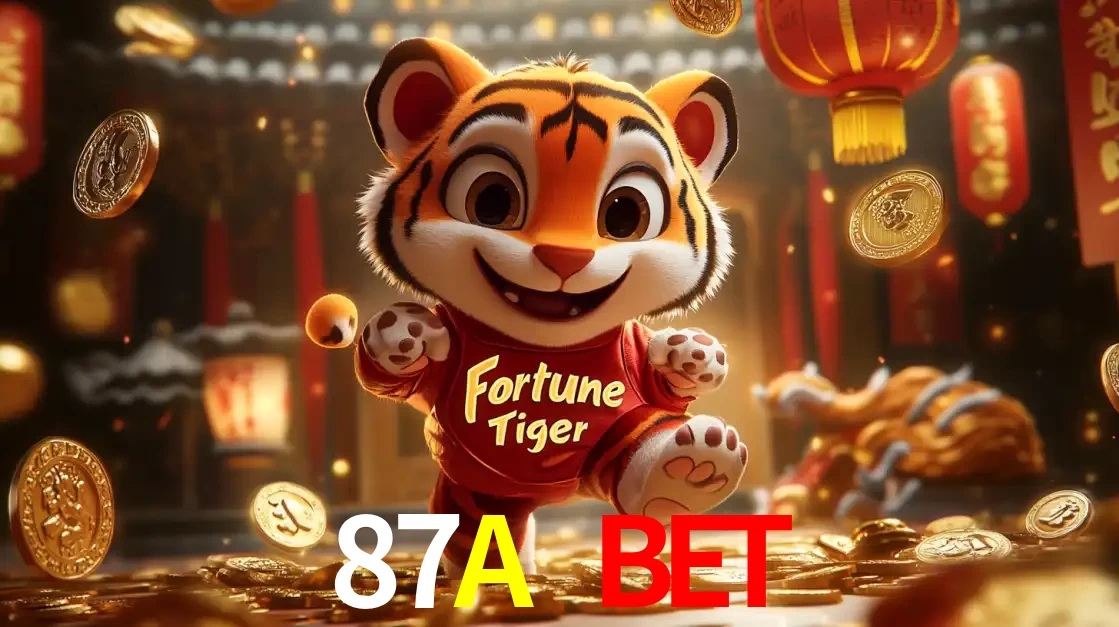 O alegre personagem do Fortune Tiger correndo sobre um caminho de moedas de ouro, simbolizando os grandes prêmios e a diversão do popular jogo de slot do 87A BET.