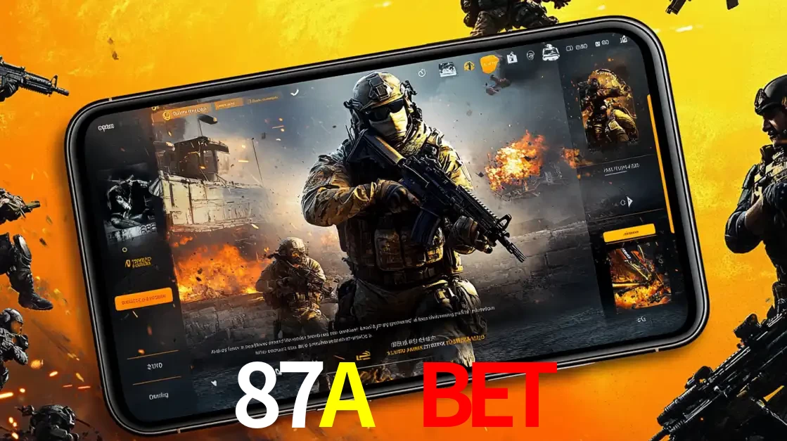 Um smartphone exibindo a interface de um jogo de tiro em primeira pessoa, com um soldado em um cenário de batalha, representando a ação dos e-sports para apostar no 87A BET.