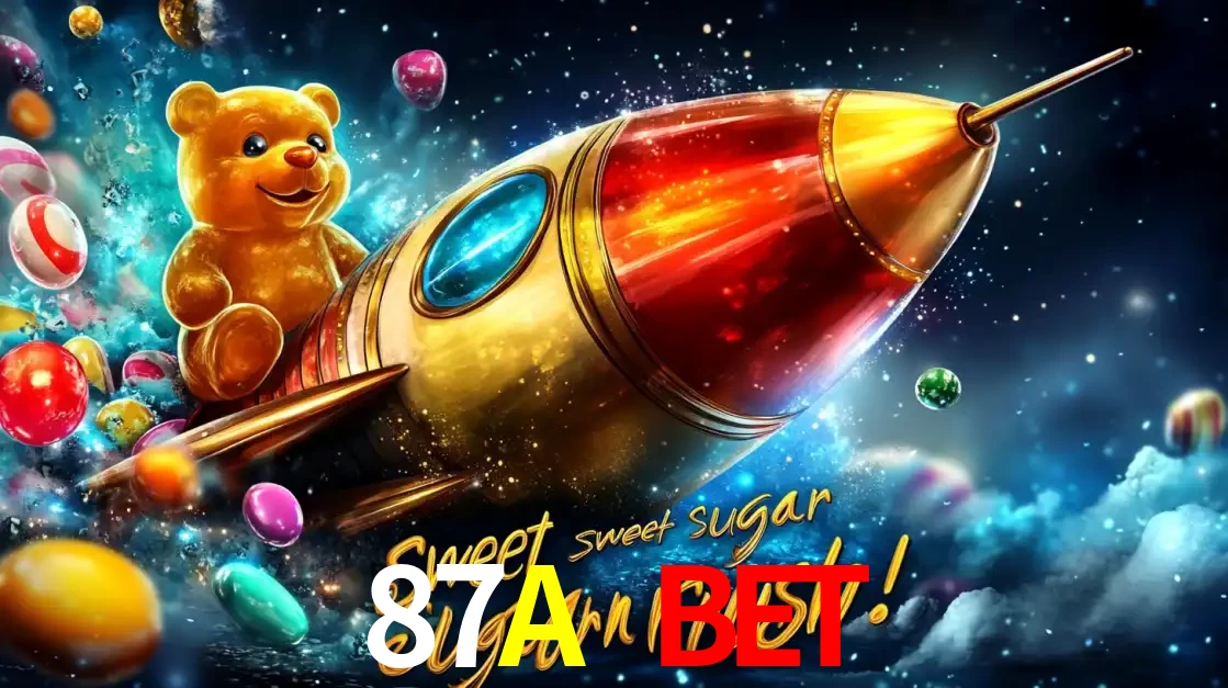 Arte promocional do jogo de slot Sugar Rush, com um urso de pelúcia em um foguete viajando pelo espaço de doces, um dos jogos divertidos disponíveis no cassino 87A BET.