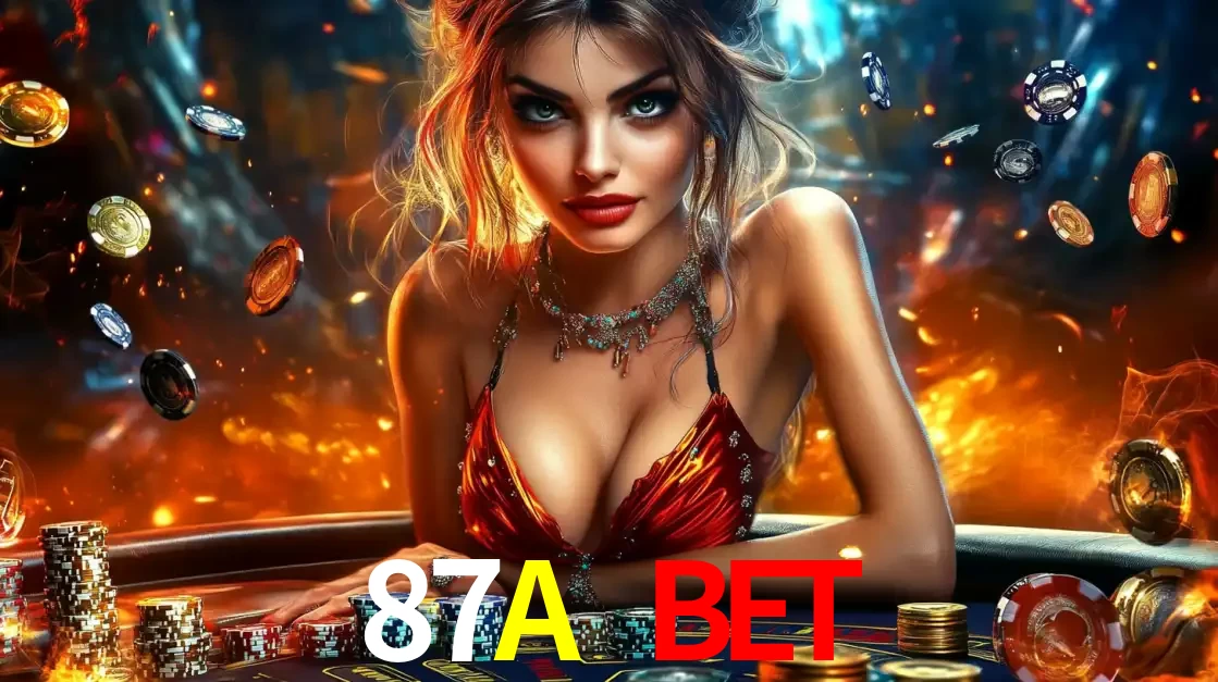 Mulher em uma mesa de cassino com pilhas de fichas e um fundo de fogo, pronta para uma rodada de altas apostas nos jogos de mesa emocionantes do cassino 87A BET.