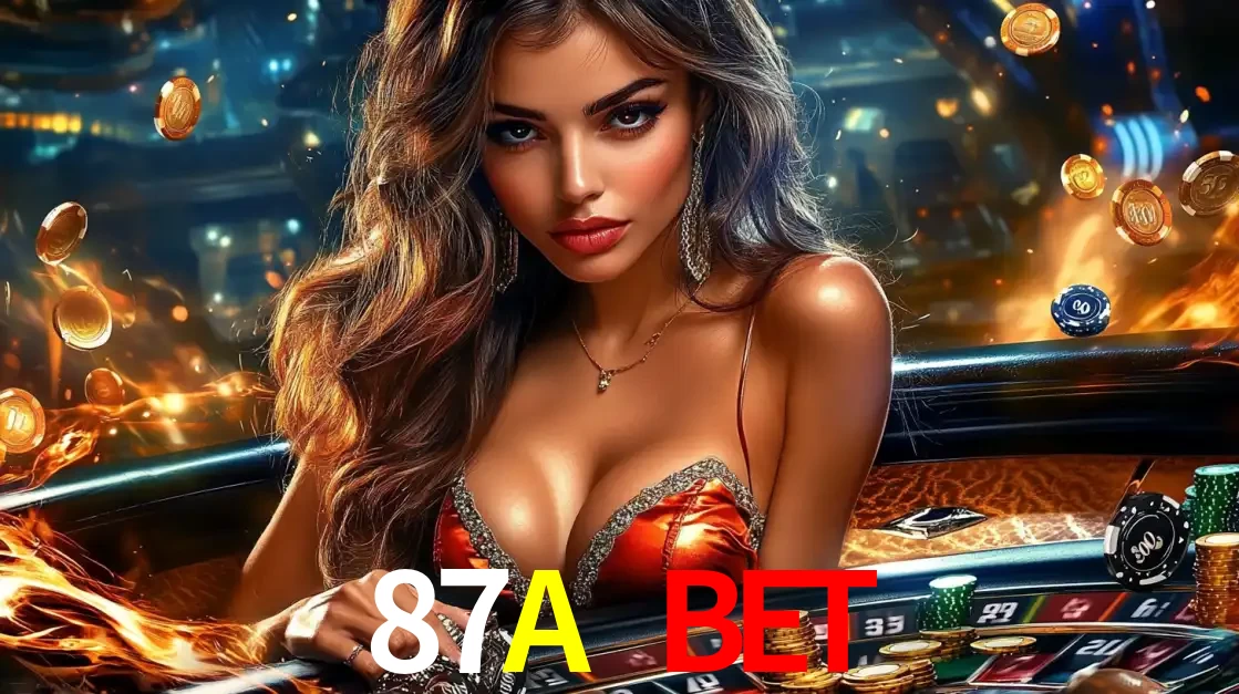 Mulher glamourosa em uma mesa de roleta com um fundo de chamas e moedas voadoras, pronta para fazer sua aposta e ganhar grandes prêmios no cassino ao vivo 87A BET.