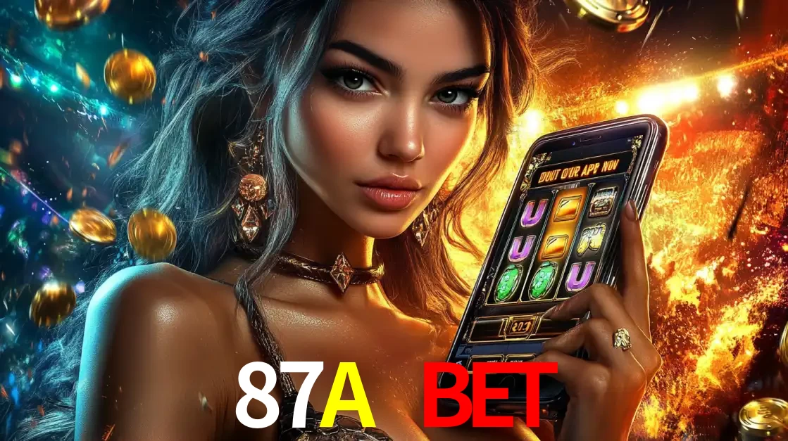 Mulher elegante mostrando um jogo de caça-níqueis em seu smartphone, destacando a experiência de cassino móvel oferecida pelo aplicativo 87A BET.