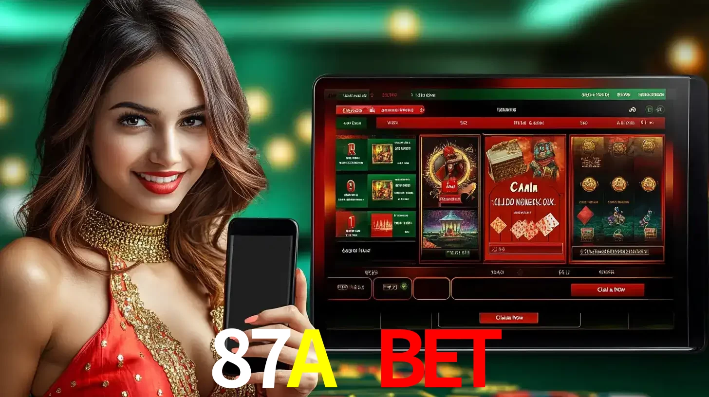 Mulher sorridente segurando um smartphone, ao lado de uma tela exibindo o lobby de jogos do cassino online 87A BET, com várias opções de jogos de cartas e slots.